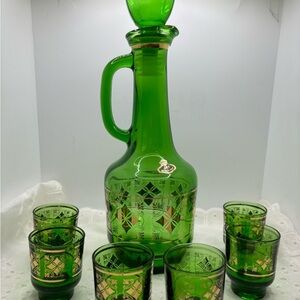 Mid century, Italian  green decanter and glasses